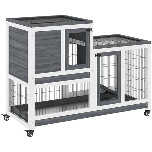 Wooden Rabbit Hutch, Indoor Bunny Cage with Wheels, Pull Out Trays, Run, Grey