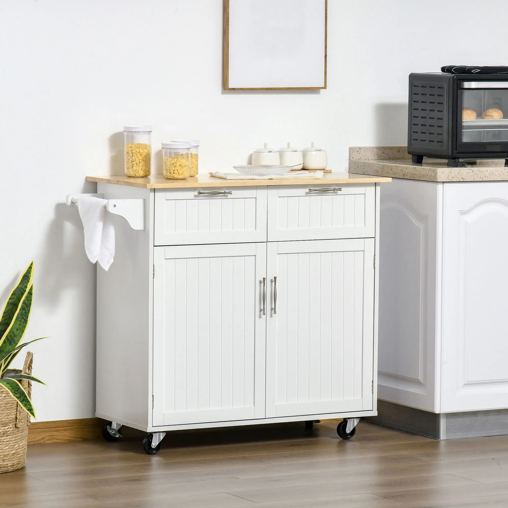 Rolling Kitchen Island with Drawers, Rubber Wood Top, Cabinet, White Kitchen Islands & Kitchen Carts at Gallery Canada