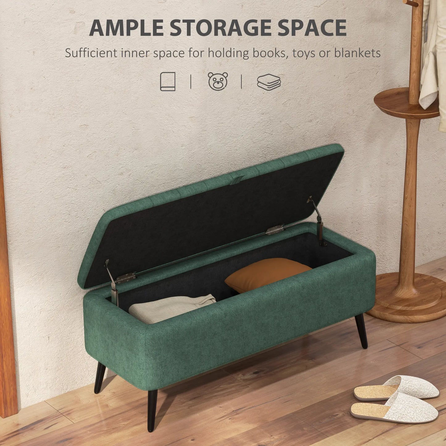 40" Ottoman with Storage, Linen Upholstered Storage Ottoman Bench with Steel Legs for Living Room, Bedroom Dark Green Storage Ottomans & Benches at Gallery Canada