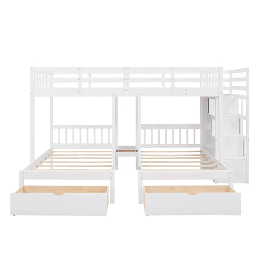 Twin Triple Bunk Bed with Storage Drawers, Pine Wood Frame, 115" L x 76" W x 64.5" H, White Bed Frames White at Gallery Canada