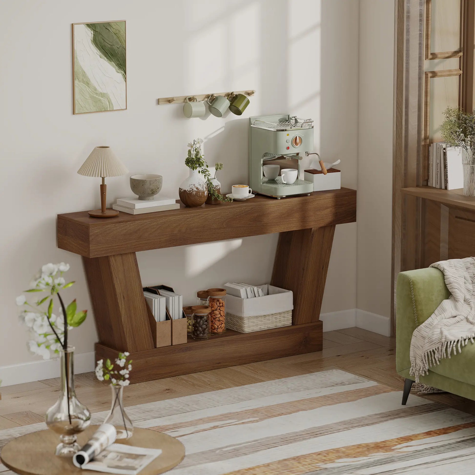 63 Inch Vintage Console Table, Open Shelf, Dark Brown Console Tables at Gallery Canada