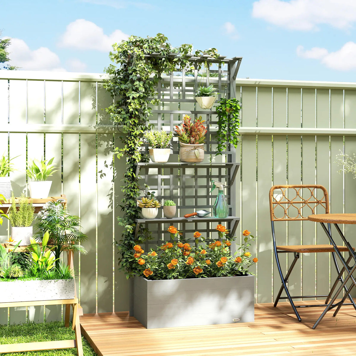 Wooden Raised Garden Bed With Trellis, Roof, 2 Shelves, Grey Wooden Planter Boxes at Gallery Canada