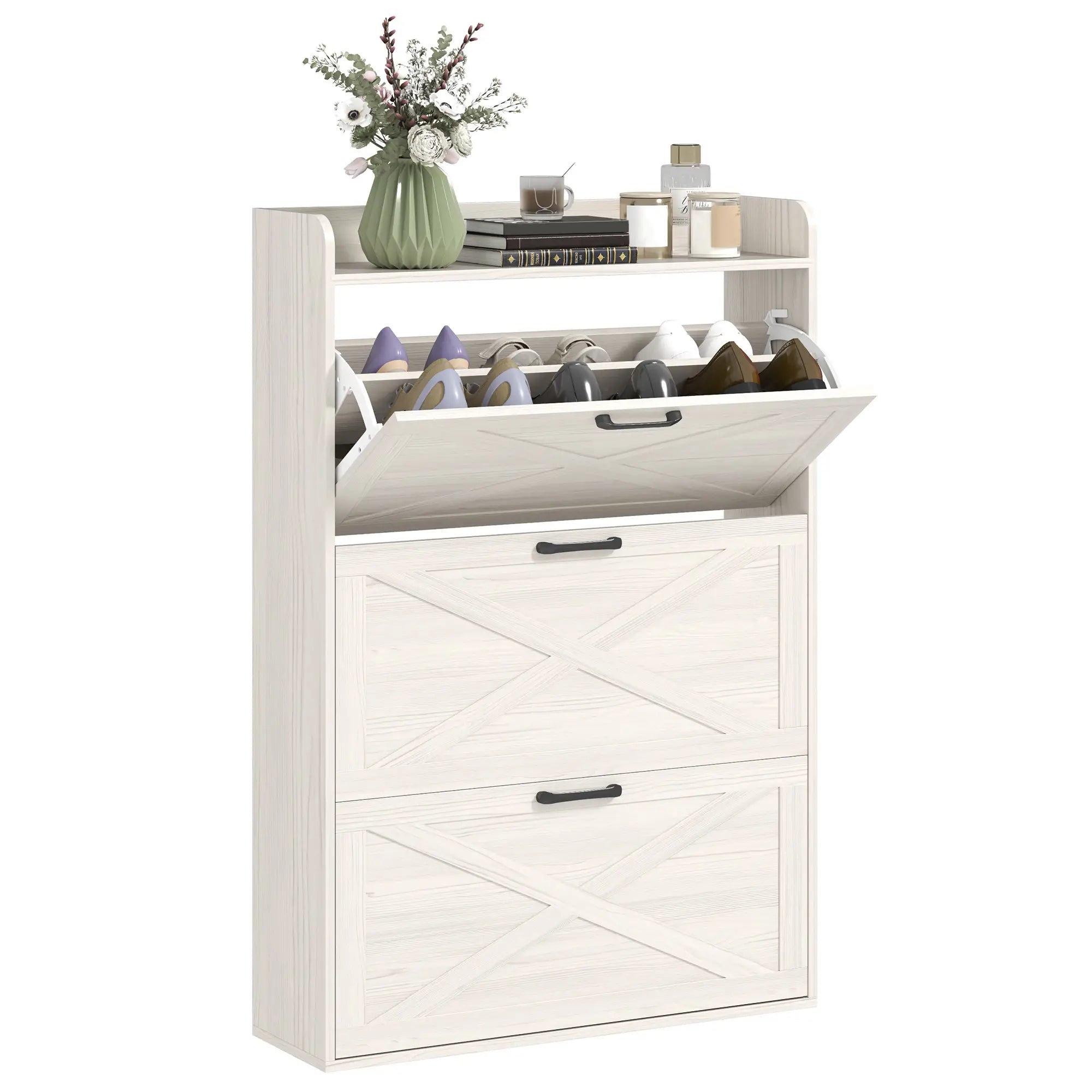 Narrow Shoe Storage Cabinet, 3 Flip Drawers, Adjustable Shelves, White Oak Shoe Storage Cabinets & Racks at Gallery Canada