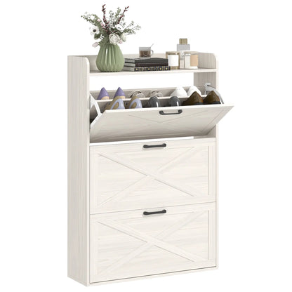 Narrow Shoe Storage Cabinet, 3 Flip Drawers, Adjustable Shelves, White Oak Shoe Storage Cabinets & Racks at Gallery Canada