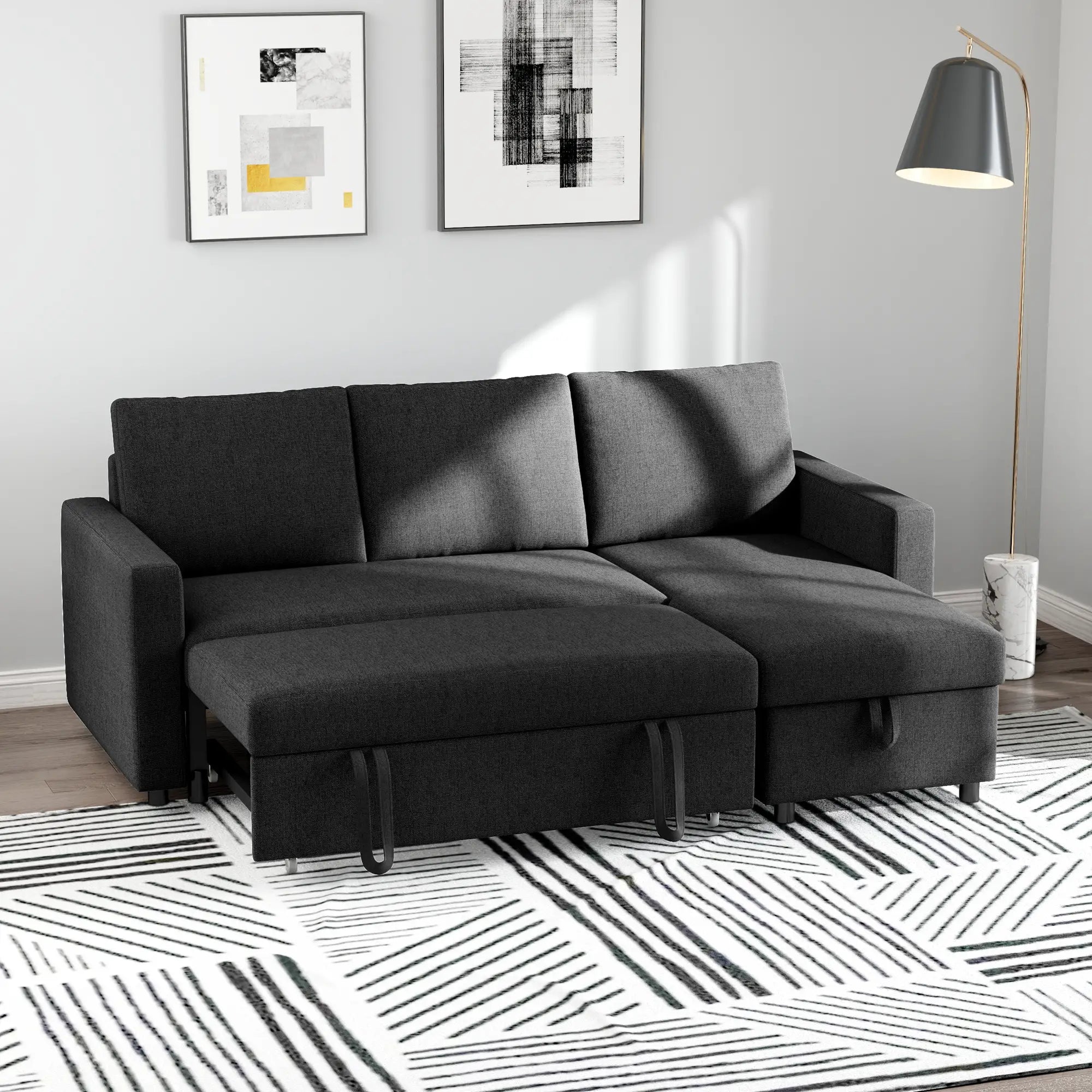 Convertible Corner Sofa Bed, Built-In Storage, 3 Removable Cushions, Black Sofas & Reclining Chairs at Gallery Canada