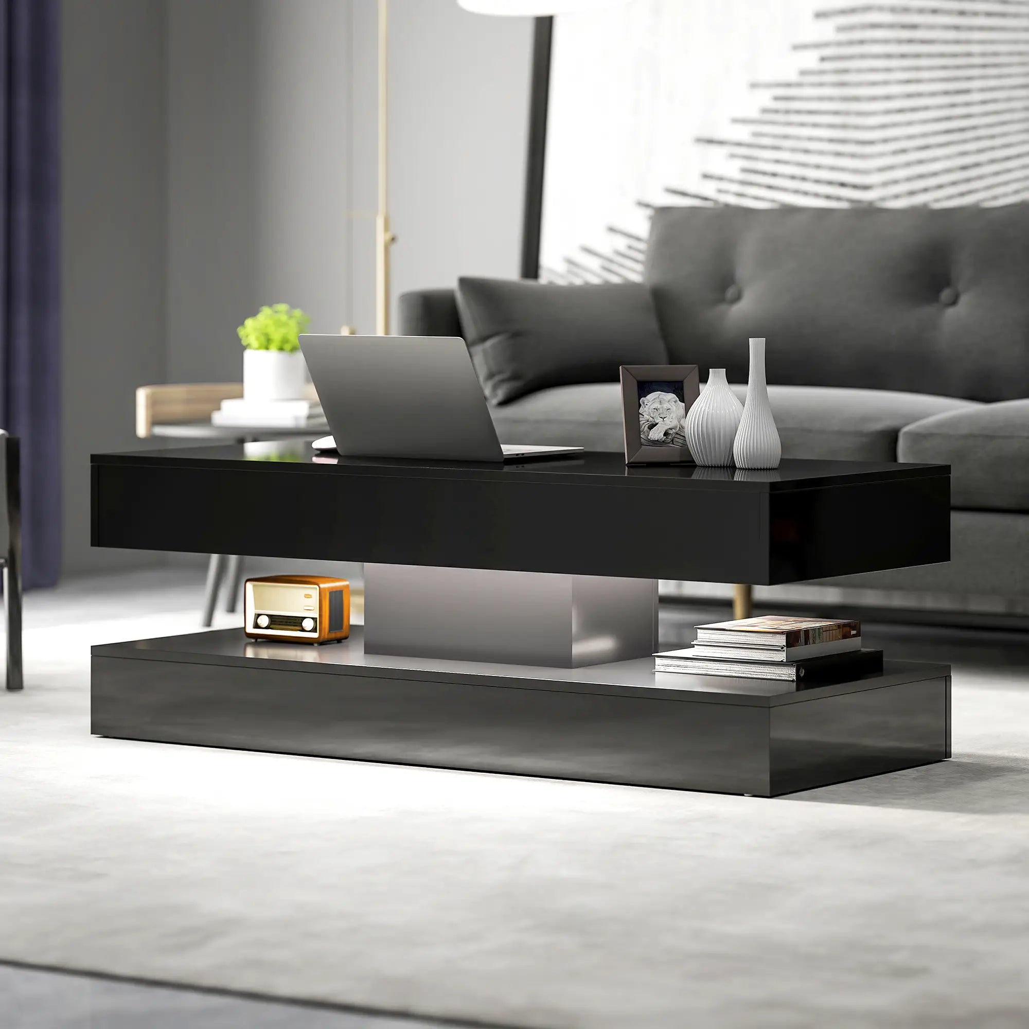 Adjustable LED Coffee Table, Modern Living Room Table, 2 Drawers, Open Shelf, Remote, High Gloss Black Coffee Tables at Gallery Canada