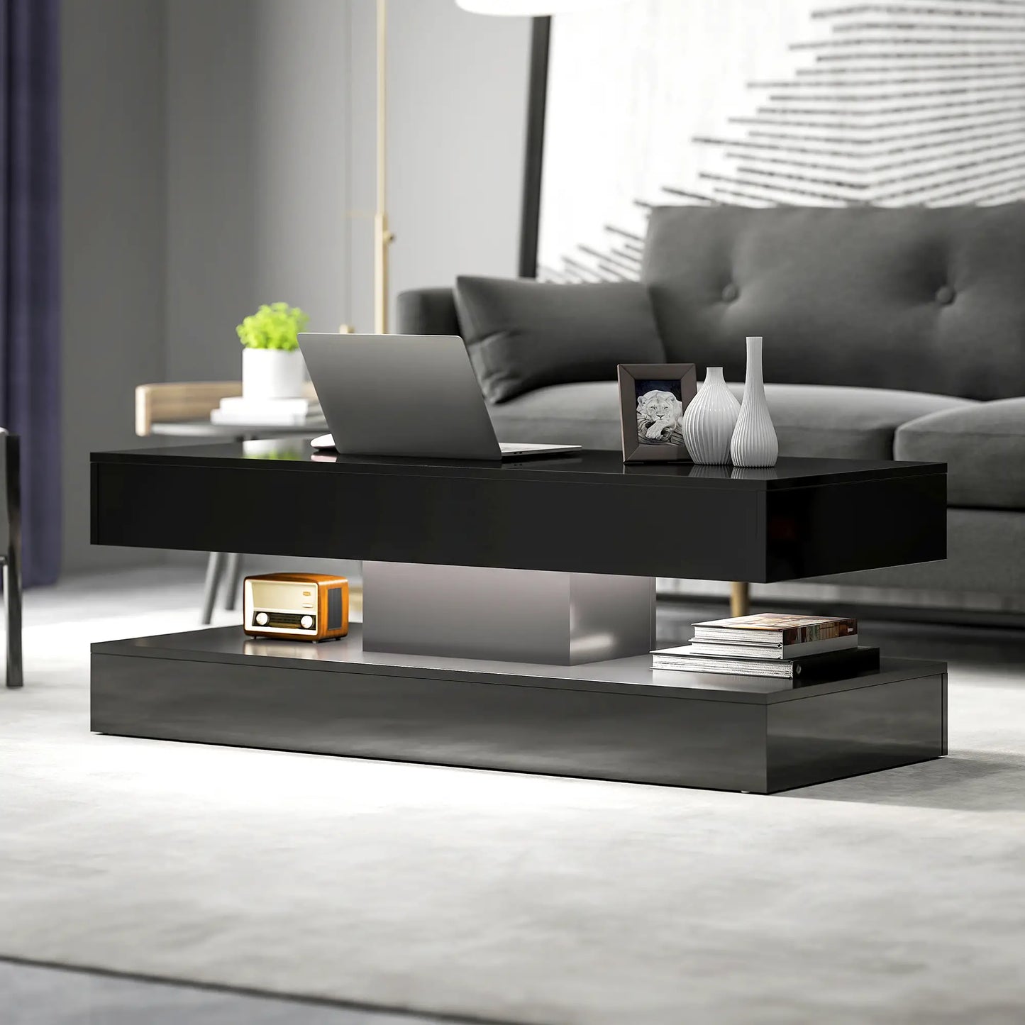 Adjustable LED Coffee Table, Modern Living Room Table, 2 Drawers, Open Shelf, Remote, High Gloss Black Coffee Tables at Gallery Canada