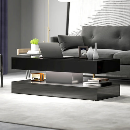 Adjustable LED Coffee Table, Modern Living Room Table, 2 Drawers, Open Shelf, Remote, High Gloss Black Coffee Tables at Gallery Canada