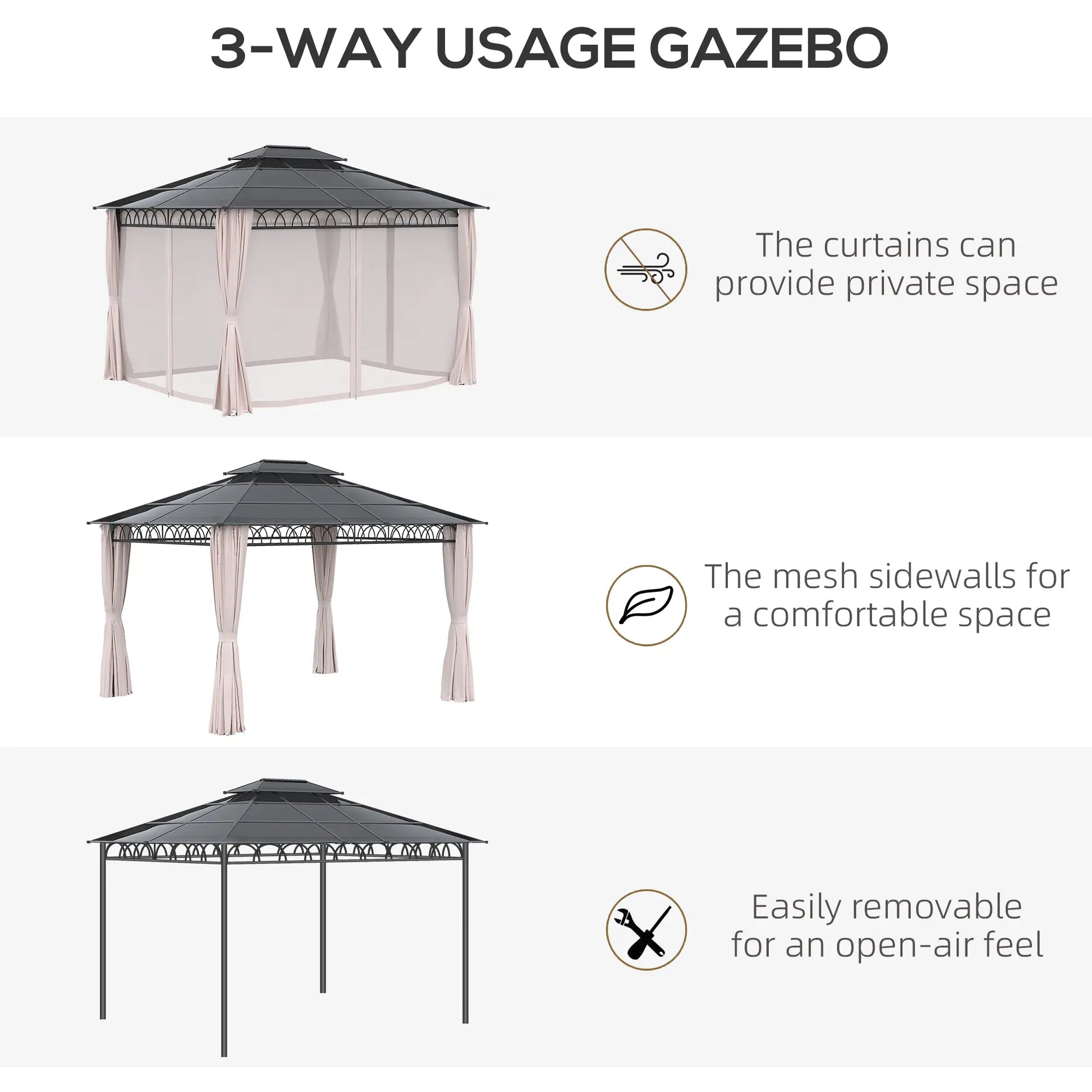 10' x 12' Hardtop Gazebo, Steel Frame, Nettings, Curtains, Khaki Gazebos at Gallery Canada