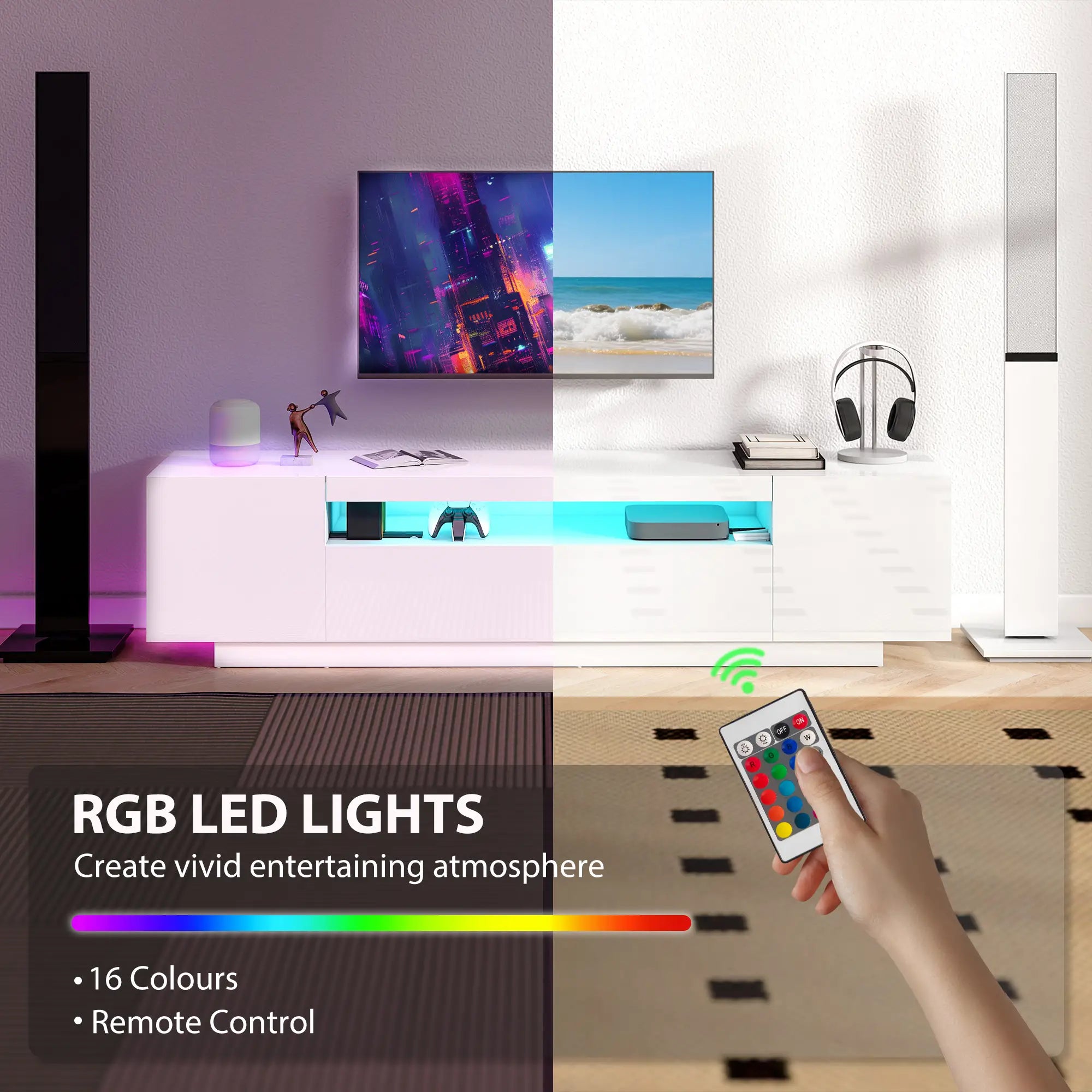 TV Stand for 65-85 Inch TV, RGB LED Lights, White TV Stands at Gallery Canada