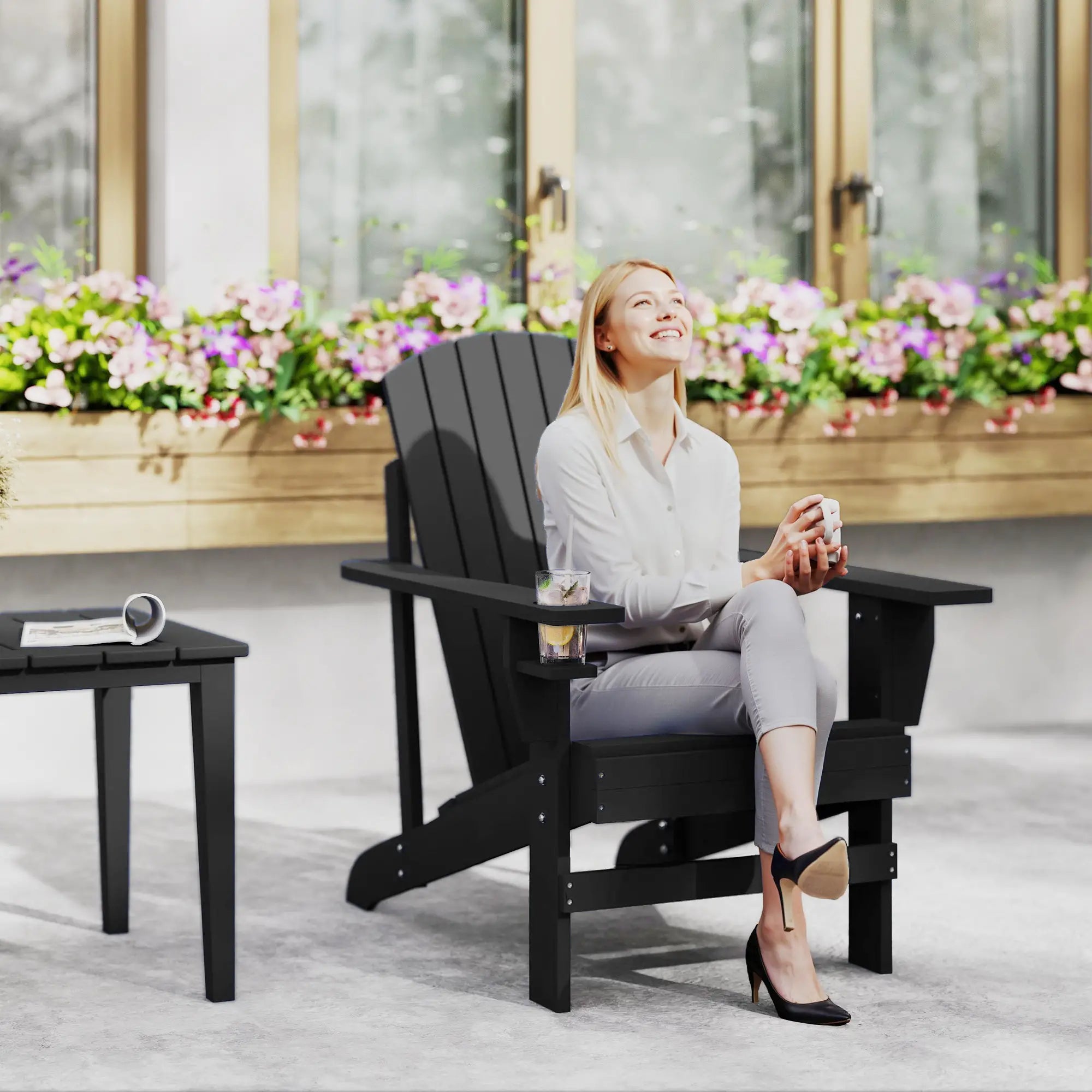 Classic Adirondack Chair, Garden Deck Chair with Cup Holder, Black Patio Chairs at Gallery Canada