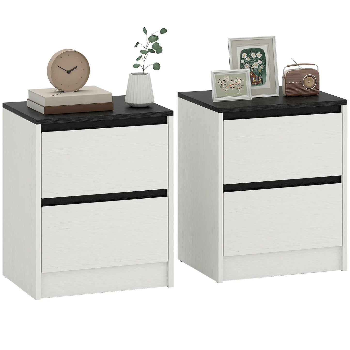 Modern Bedside Tables, Set of 2, 2 Drawers, White