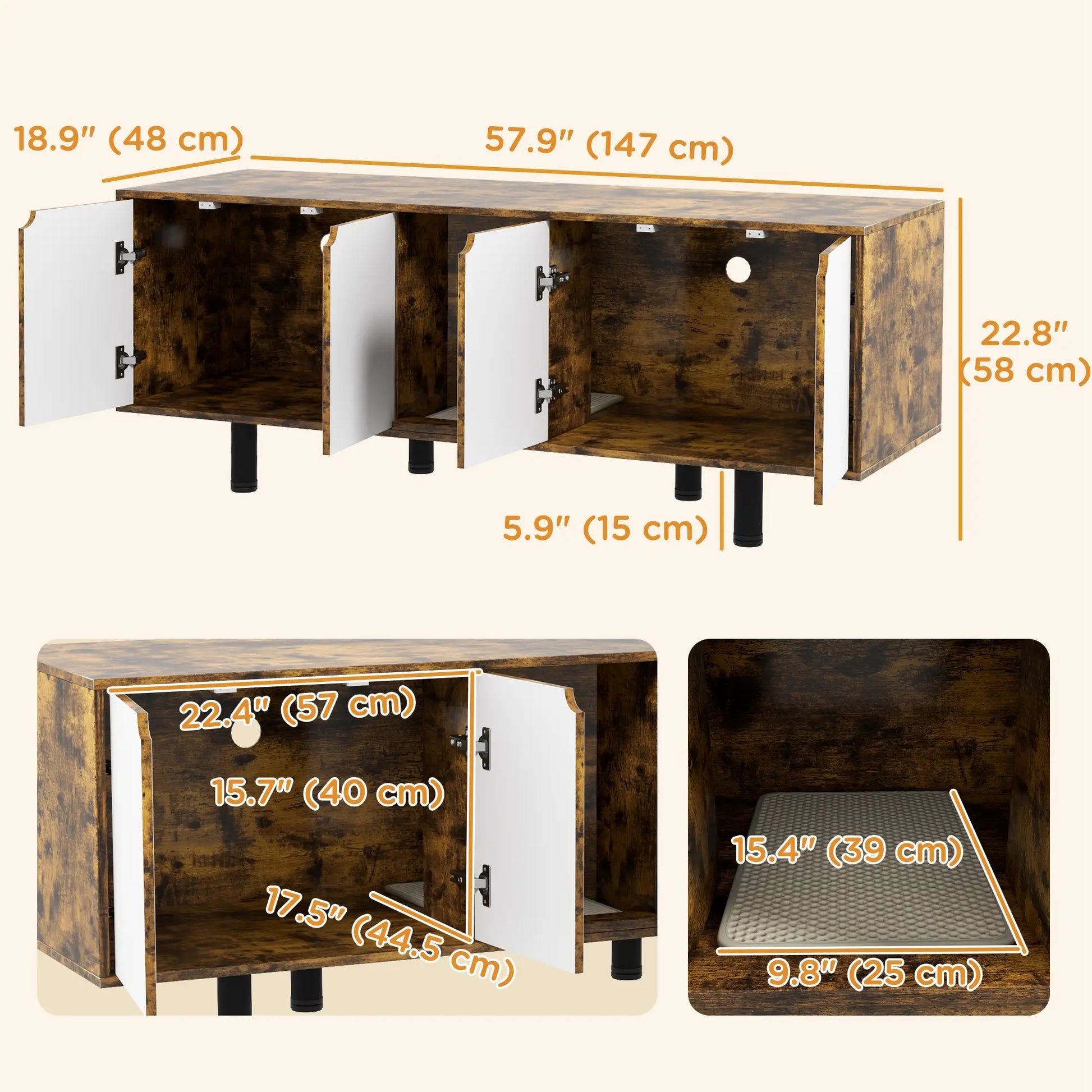 Hidden Cat Litter Box Enclosure, 2 Cabinets, Double Doors, Sand Drain Pad, Rustic Brown Cat Litter Box Enclosures at Gallery Canada