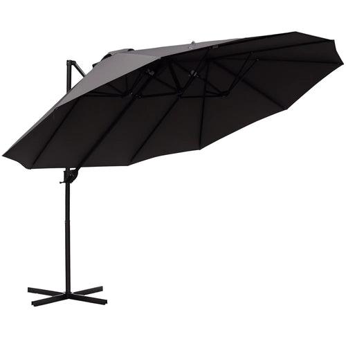 Outdoor Cantilever Umbrella, Twin Canopy Sunshade, Lift Crank, Grey