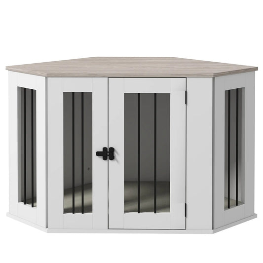 Dog Crate Furniture with Cushion, 41 Inch, Corner Design, Multi Color Houses, Kennels & Pens White, Walnut Brown, Cream at Gallery Canada