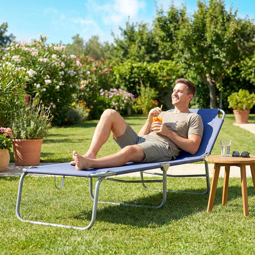 Folding Outdoor Lounge Chair, Reclining Tanning Chair, Navy Blue