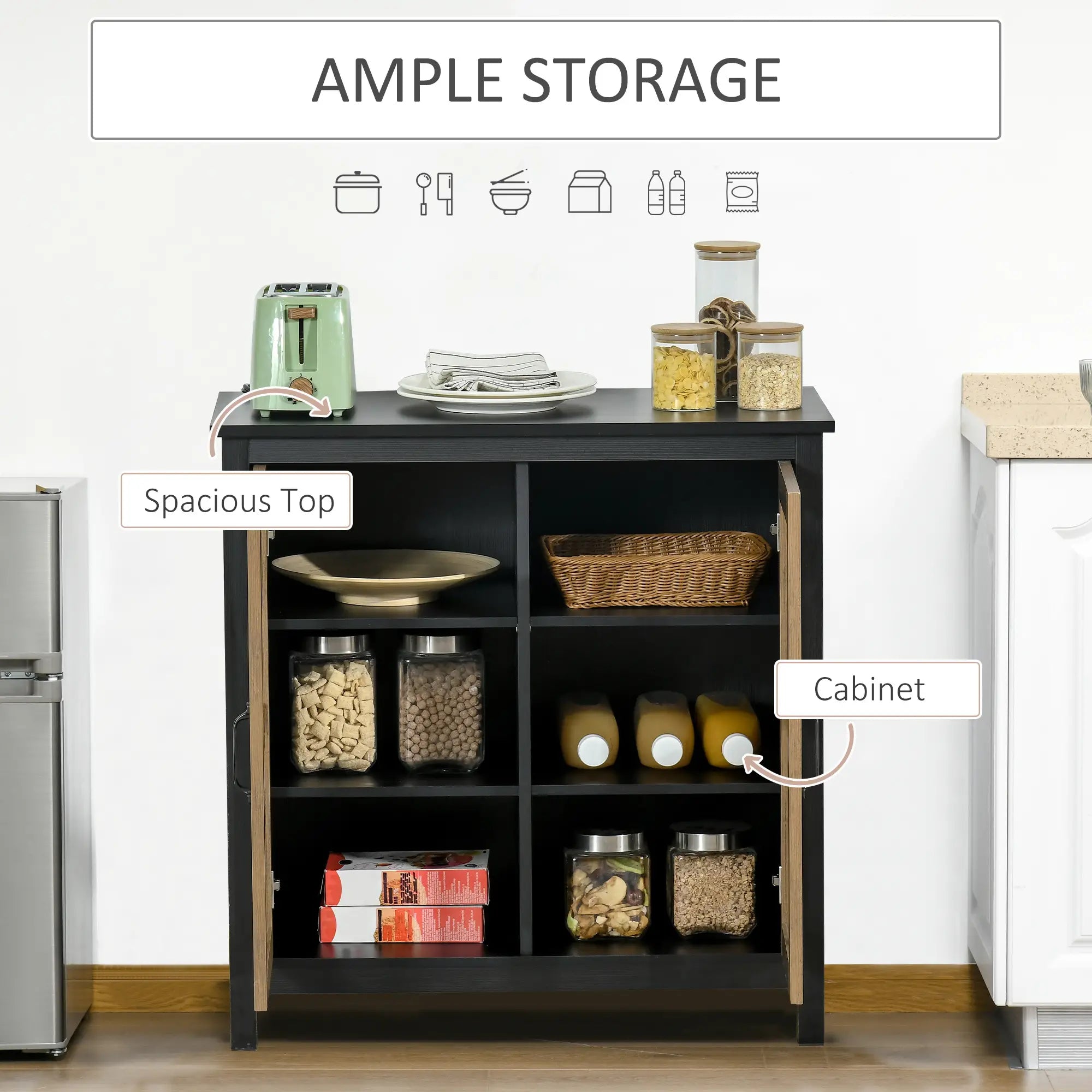 Kitchen Sideboard, Glass Door Buffet Cabinet, 2 Glass Doors, Adjustable Shelf, Black Wood Grain Bar Cabinets at Gallery Canada