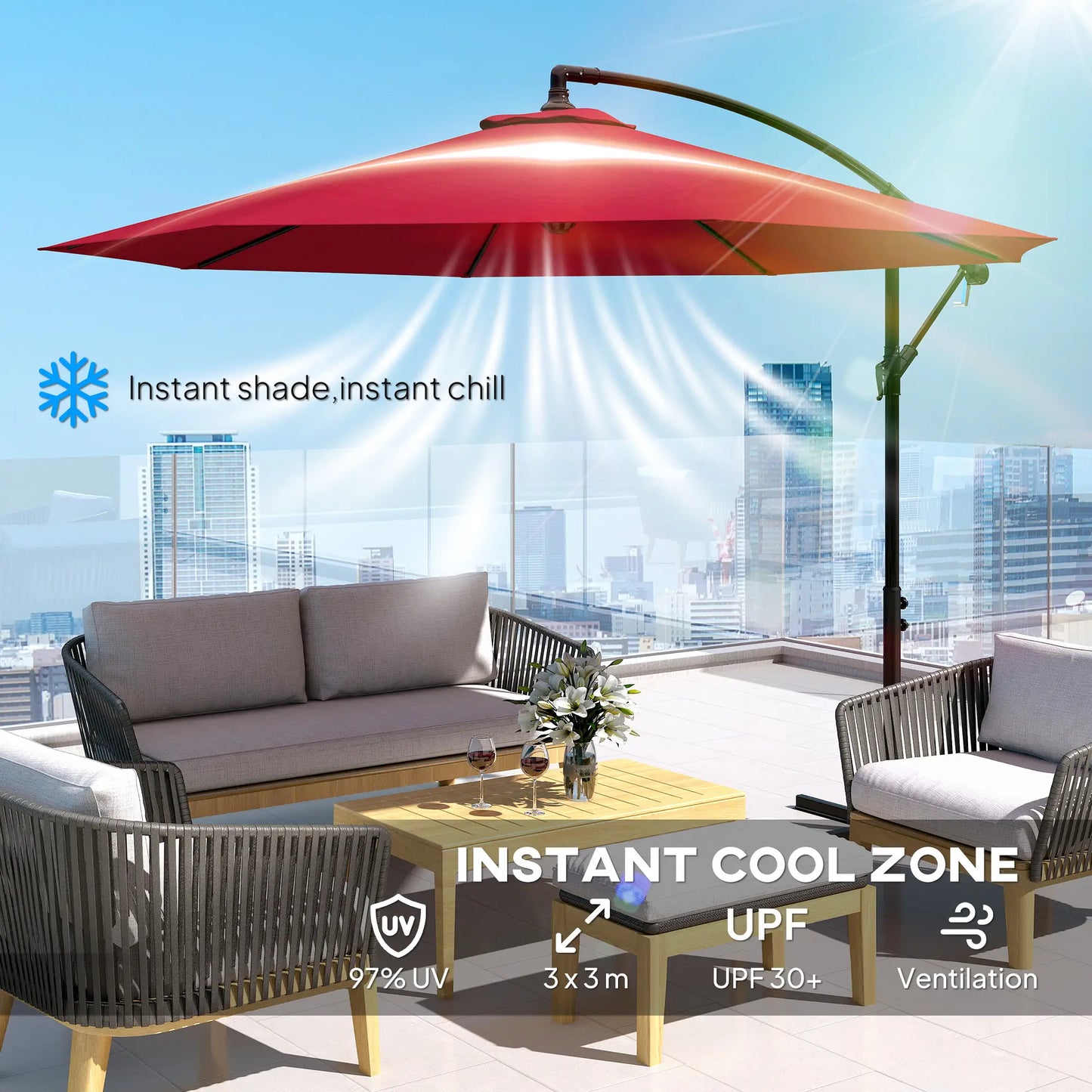 9.7ft Offset Patio Umbrella, Crank Handle, 8 Ribs, Cross Base, Wine Red Offset Cantilever Umbrellas at Gallery Canada