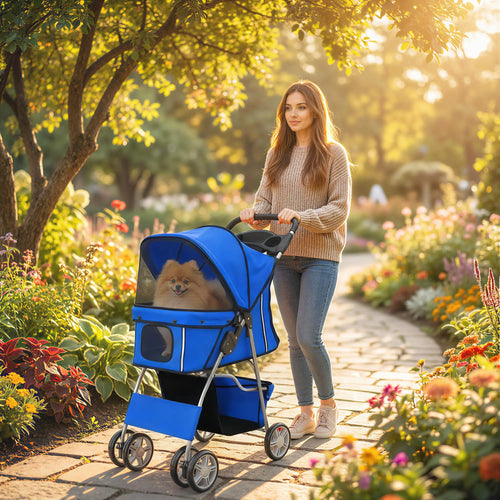 Foldable Pet Stroller, 360° Swivel Wheels, Reflective Strips, Blue