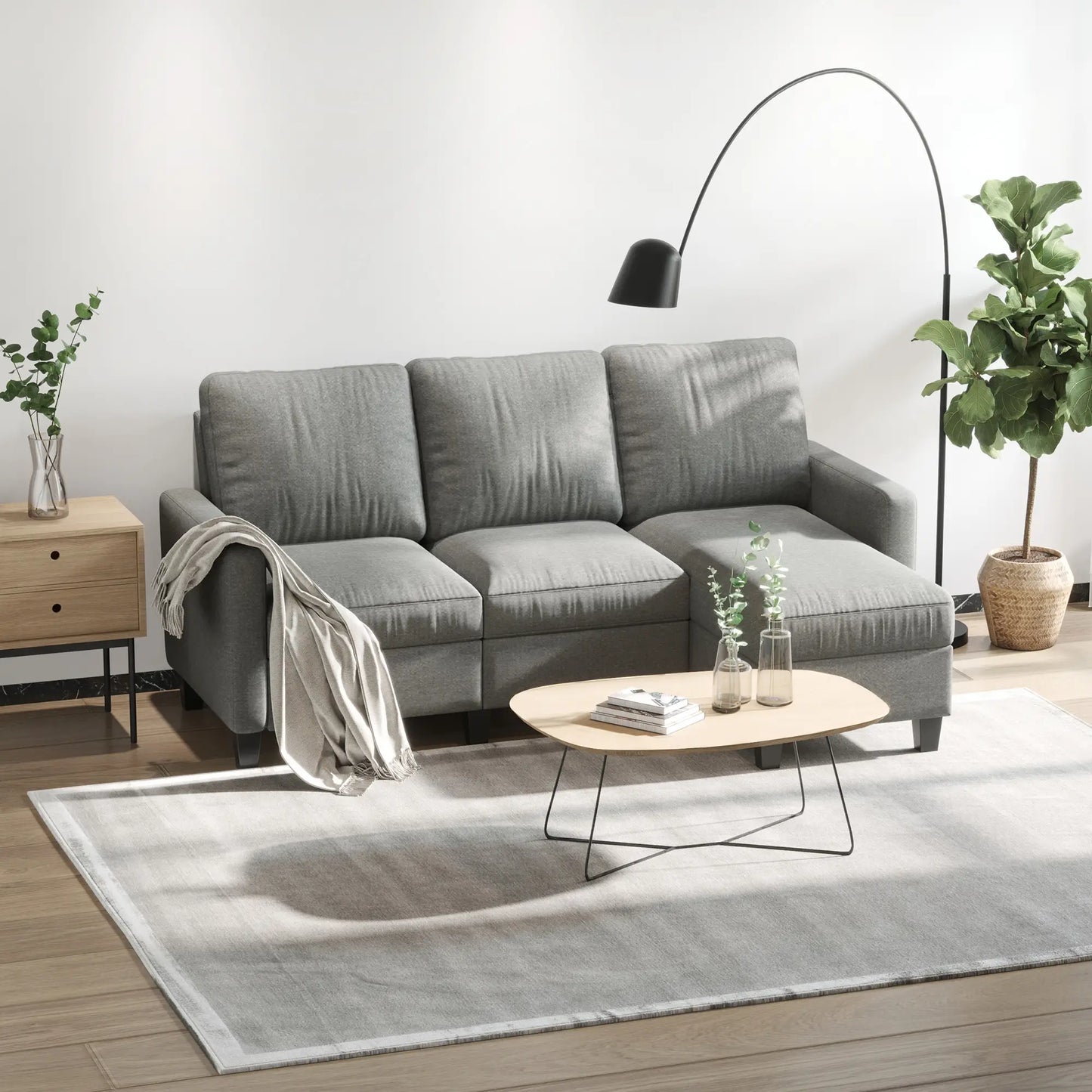 L-Shape Sectional Sofa with Ottoman, Modern Living Room Couch, Light Grey