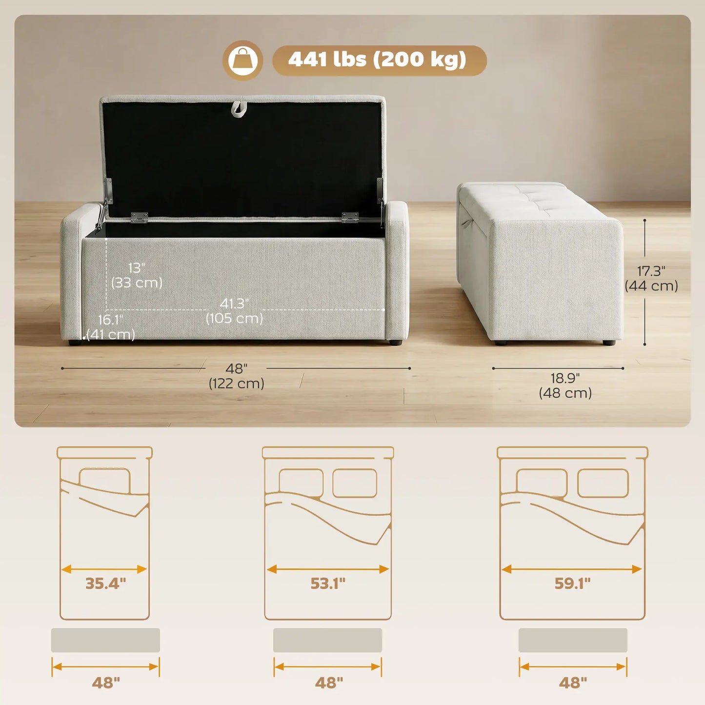 Storage Ottoman Bench, Linen Fabric, Wide Padded Seat, Cream White Storage Ottomans & Benches at Gallery Canada