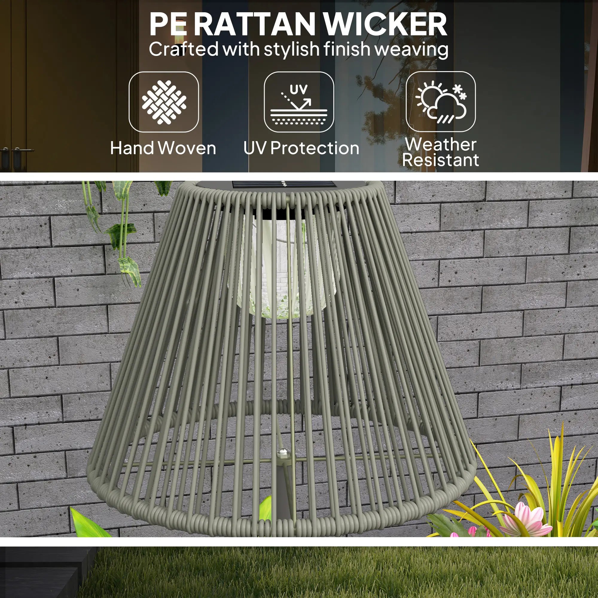 Wicker Outdoor Floor Lamp, Solar Lantern, Auto LED Lights, IP44, Grey Solar Post Lamps at Gallery Canada