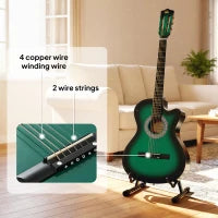 Guitare acoustique électrique de 38 pouces, cordes, médiators, sangle, étui, vert foncé