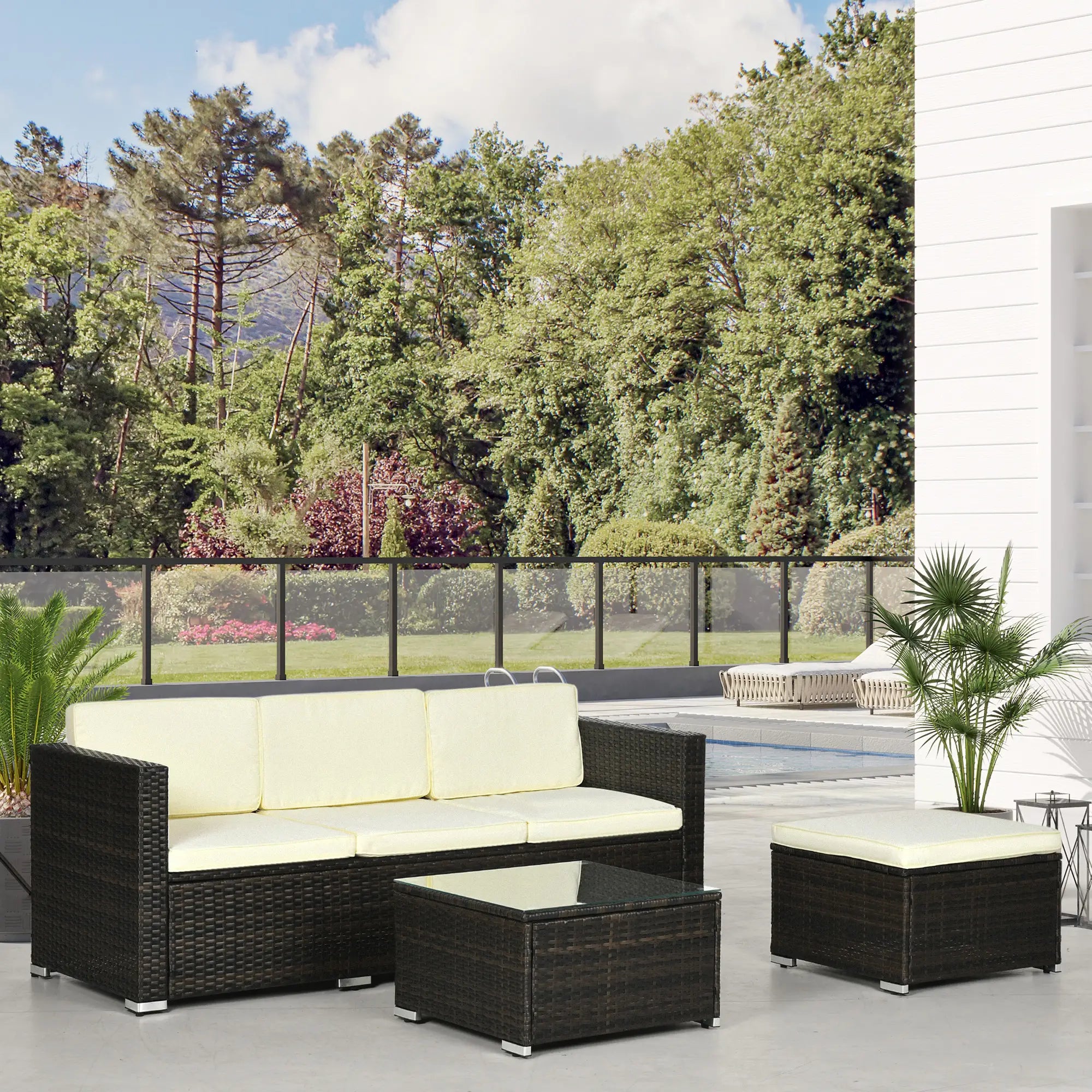 3-Piece Patio Set with Cushions, PE Rattan Sofa, Glass Table, Cream White Patio Furniture Sets at Gallery Canada