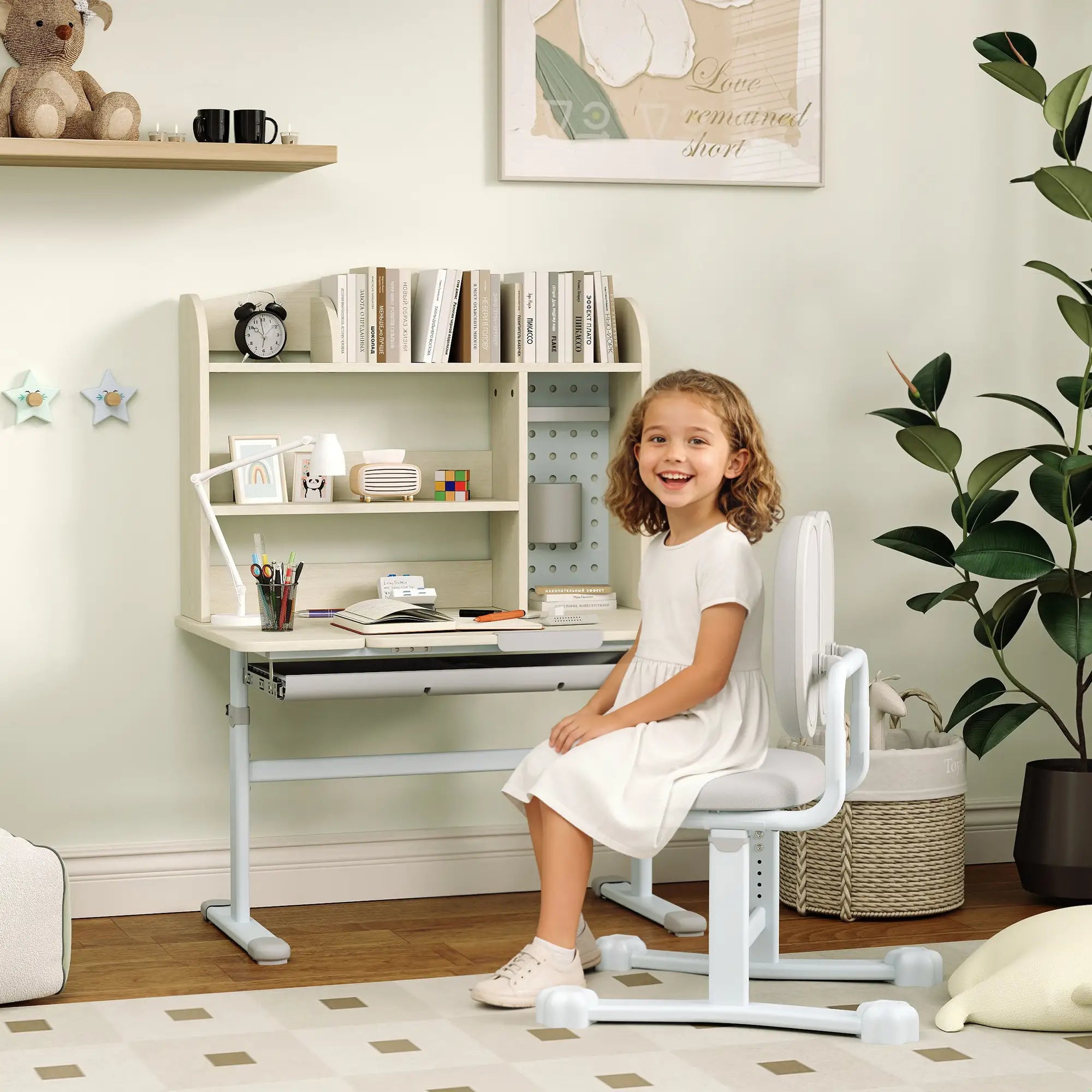 Kids Desk Chair Set, Adjustable Height, Tilting Desktop, Drawer Shelves, Grey Kids Desk Sets at Gallery Canada