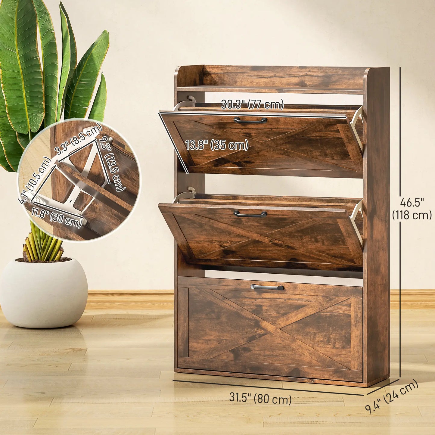 Narrow Shoe Storage Cabinet, 3 Flip Drawers, Adjustable Shelves, Rustic Brown Shoe Storage Cabinets & Racks at Gallery Canada