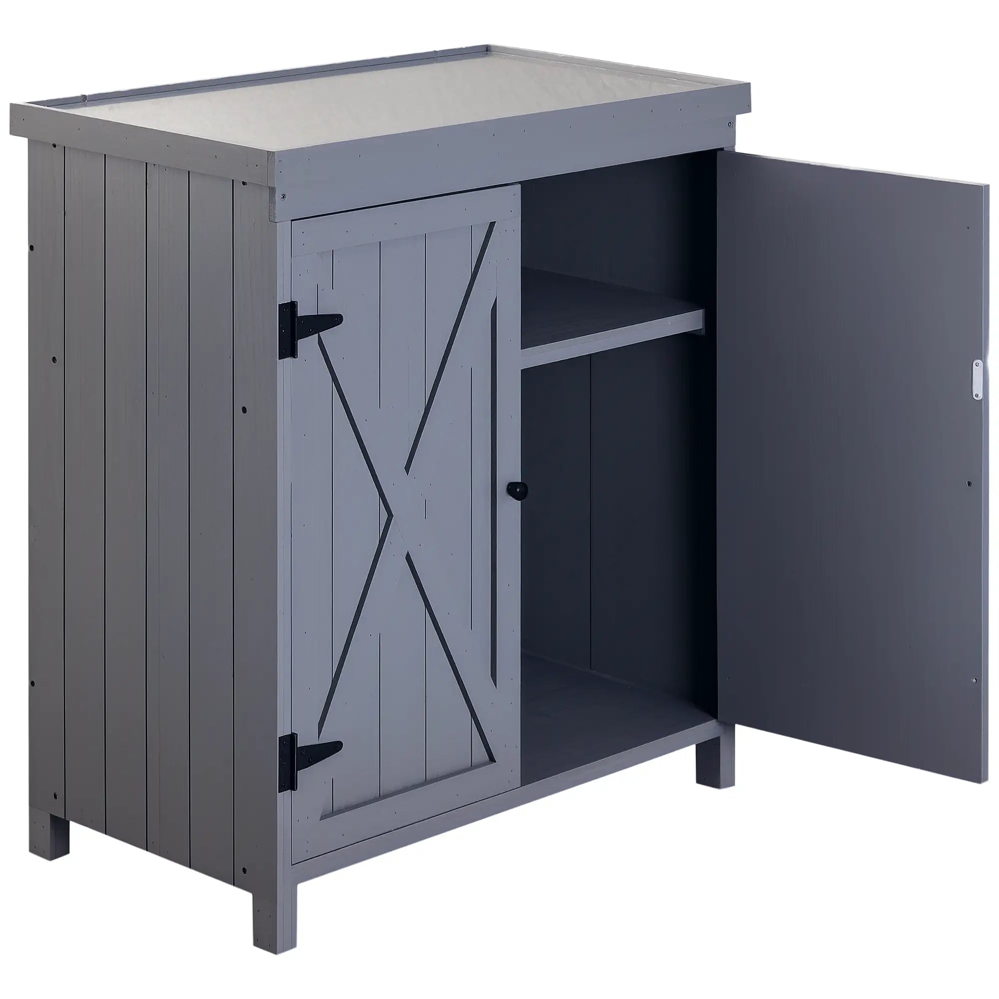 Outdoor Garden Storage Cabinet, Galvanized Top, Two Shelves, Grey Sheds Grey at Gallery Canada