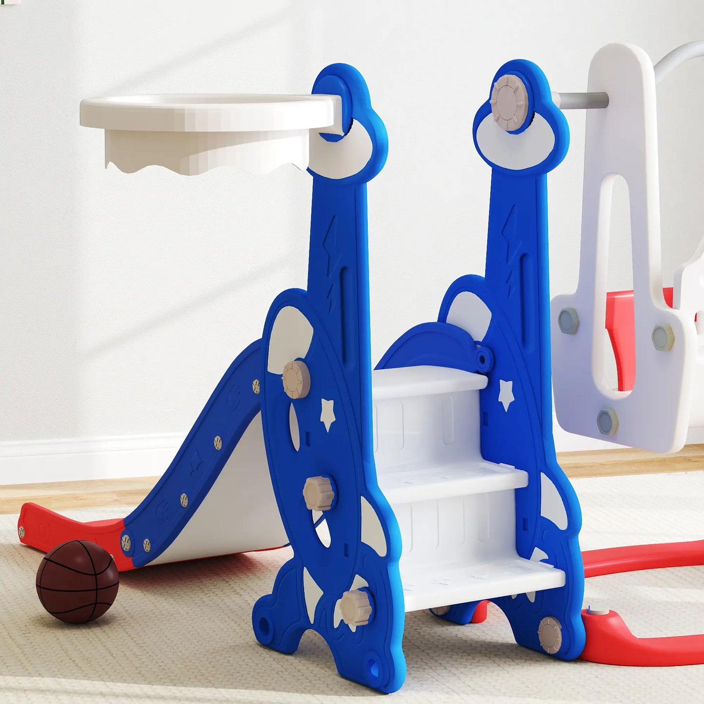 4-in-1 Slide, Swing Set, Basketball Hoop, Climber, Ages 1.5-4, Dark Blue Gym Sets & Swings at Gallery Canada