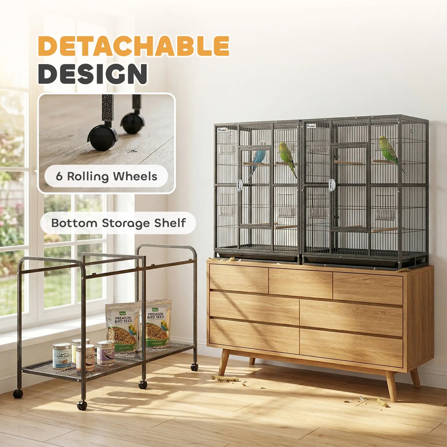 56"H Bird Cage, Parrot Cage w/ Detachable Rolling Stand, Removable Tray, Storage Shelf, Perches, Food Container Bird Cages at Gallery Canada