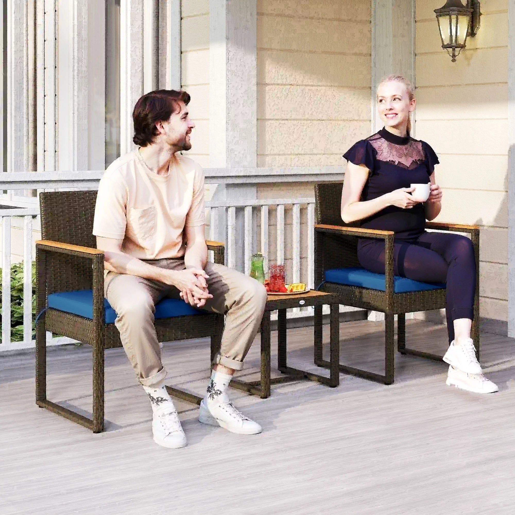 3-Piece Wicker Patio Set, Rattan Bistro, Acacia Table, Dark Blue Bistro Sets at Gallery Canada