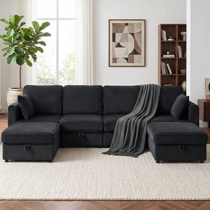 Modular U-Shaped Corduroy Sofa, Dual Storage Ottoman, 4 Pillows, Dark Grey L Shaped Couchs at Gallery Canada