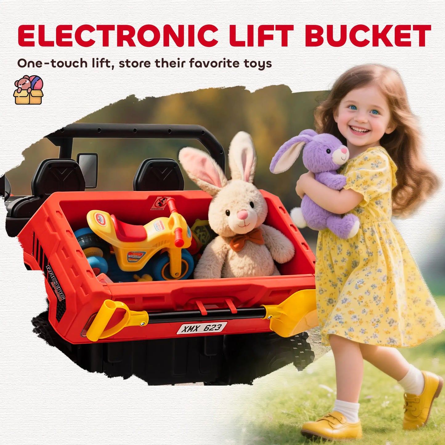 12V Ride On Car, Electric Bucket, Two-Seater, Shovel, Remote Control, Red Electric Toy Cars at Gallery Canada