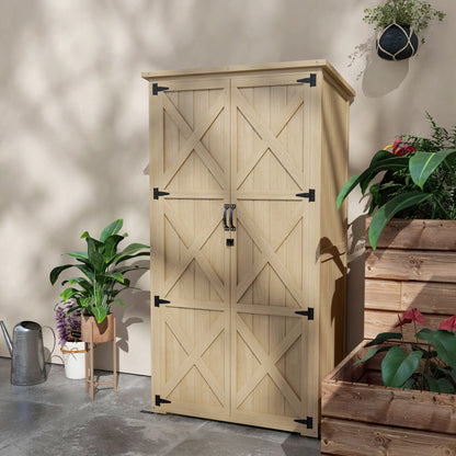 Wooden Outdoor Storage Cabinet, Garden Shed, Waterproof Asphalt Roof, Lockable Doors, Natural