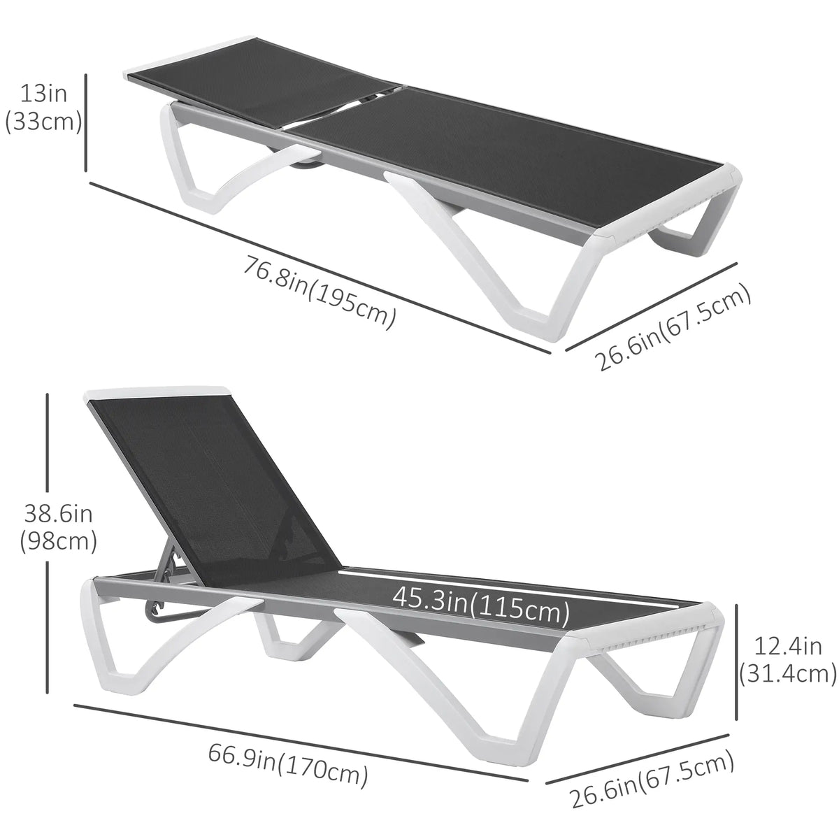 Outdoor Chaise Lounge Chair, Adjustable Back, Wheels, Mesh Fabric, Black