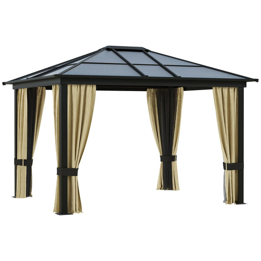 10' x 12' Hard Top Gazebo, Waterproof Canopy, Sun Shelter, Mosquito Netting Gazebos Beige & Brown at Gallery Canada