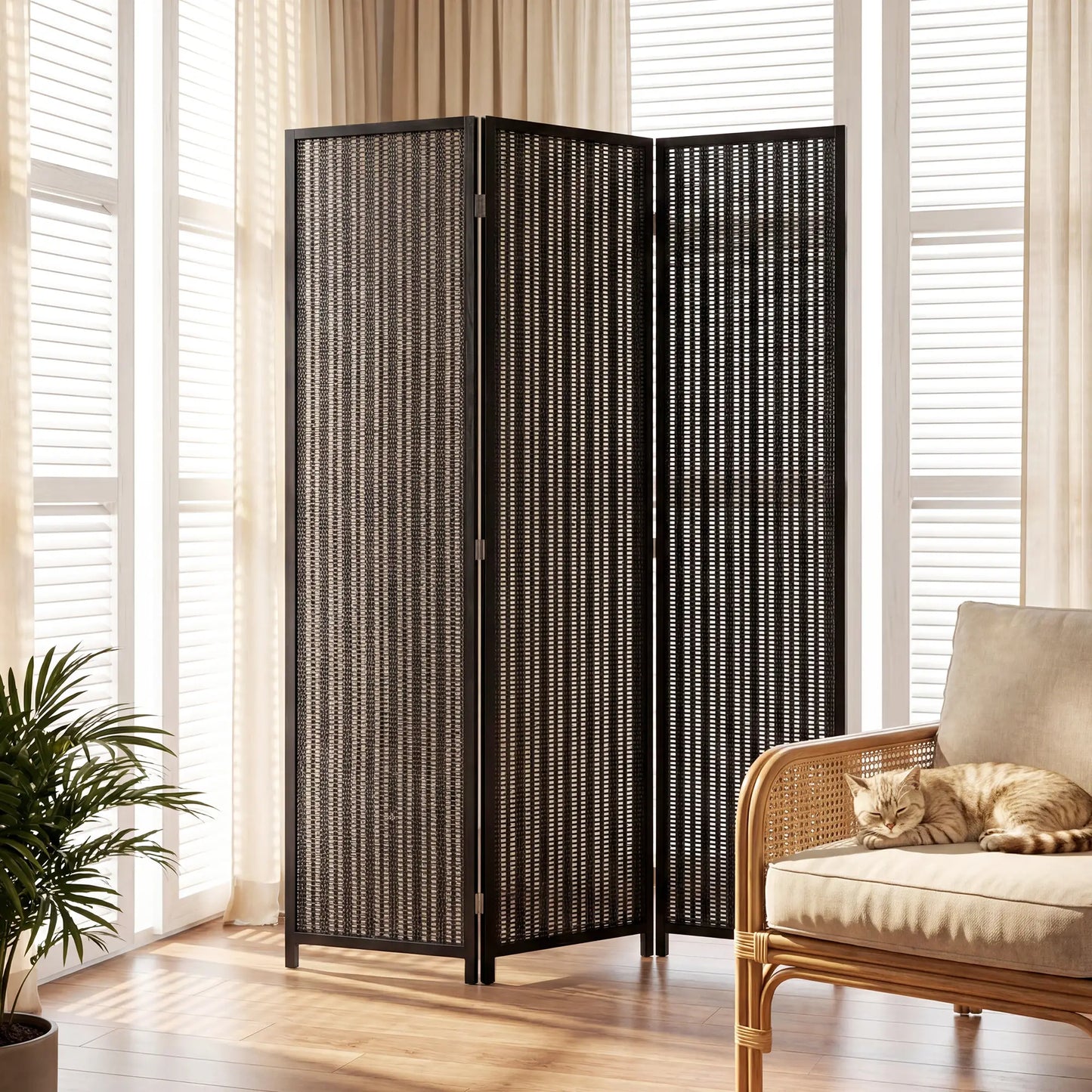 3 Panel Folding Privacy Screen, Handwoven Bamboo Pine Wood Frame, Black Room Dividers at Gallery Canada