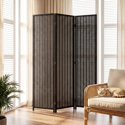 3 Panel Folding Privacy Screen, Handwoven Bamboo Pine Wood Frame, Black Room Dividers at Gallery Canada