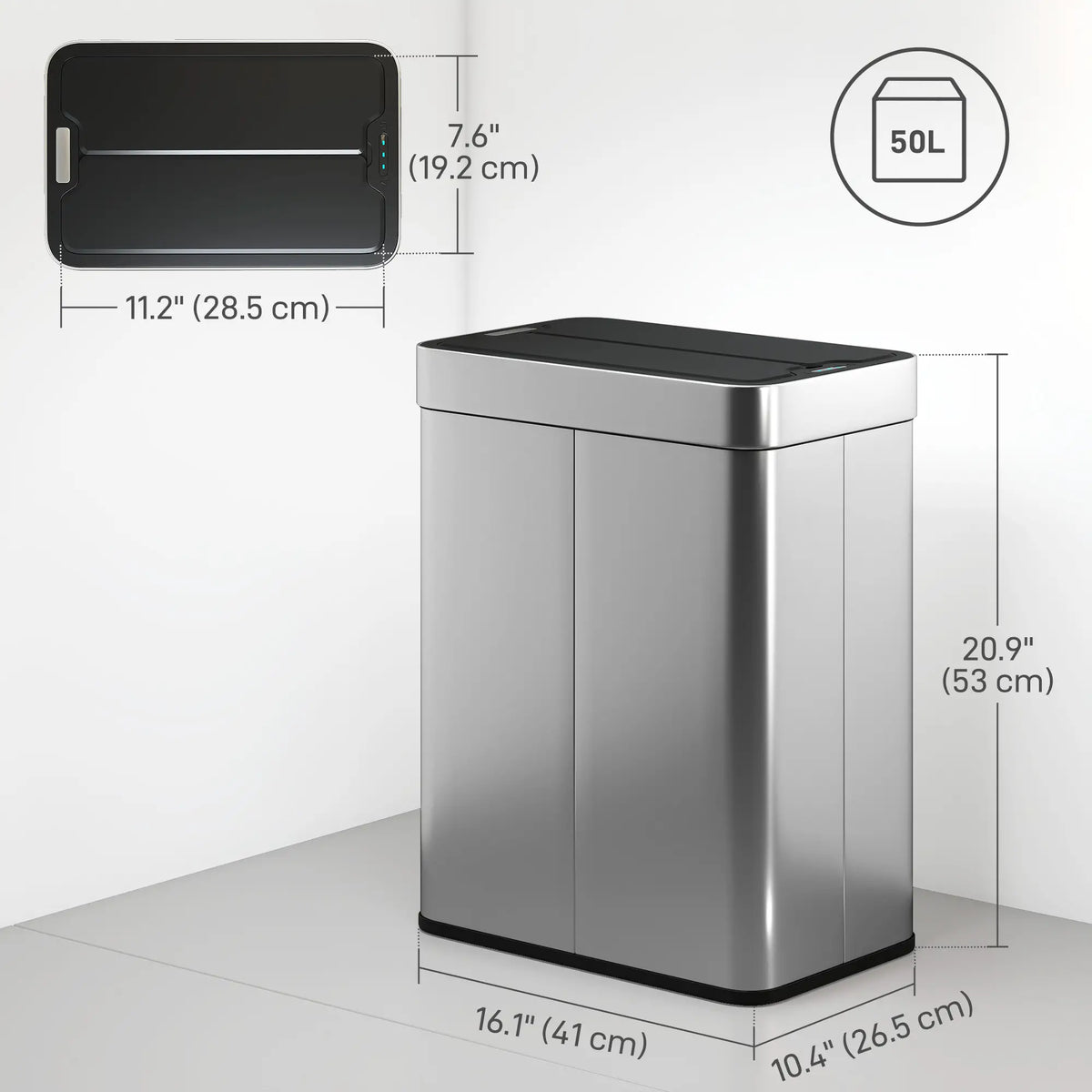13.2 Gallon Sensor Can, Automatic Garbage Can, Soft Close Butterfly Lid, Fingerprint Proof Stainless Steel, Silver