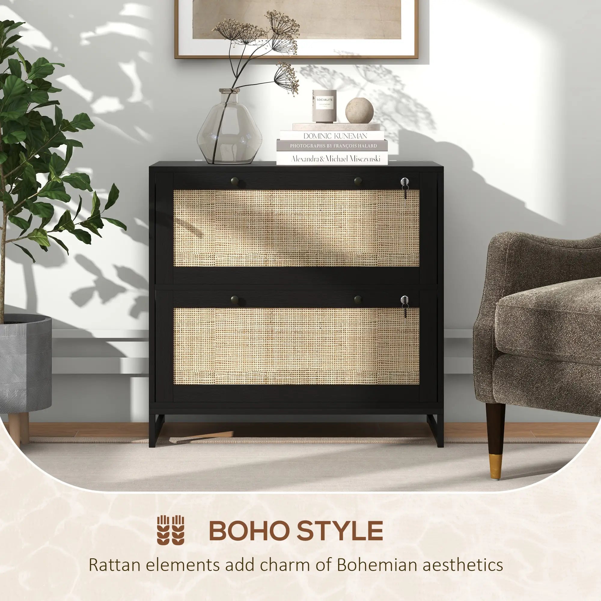 2-Drawer Filing Cabinet with Lock, Rattan, Adjustable Hanging Bar, Black Office Cabinets & Cupboards at Gallery Canada