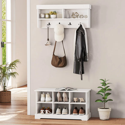 Coat Rack Shoe Bench Set, 8 Storage Cubbies, 4 Hooks, White