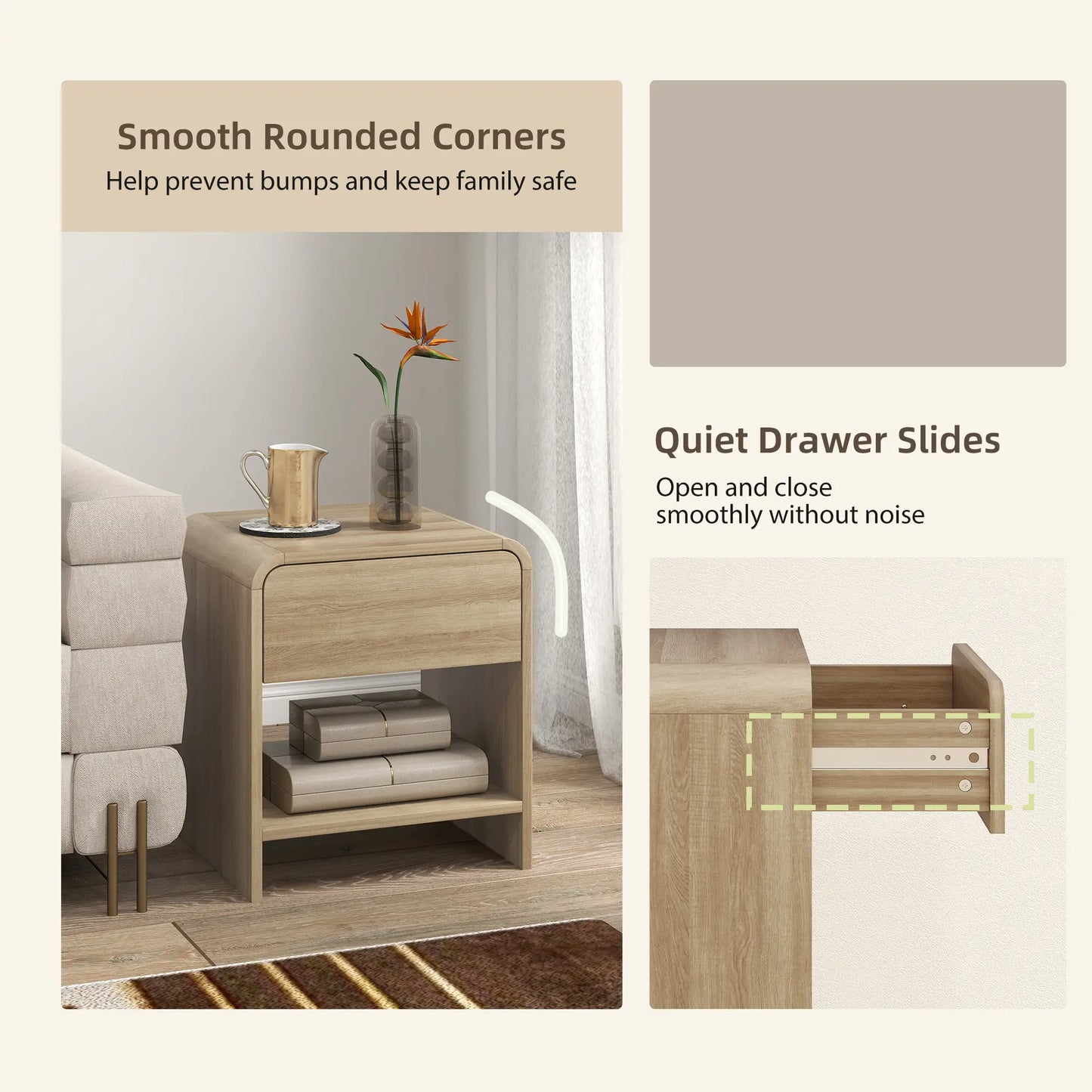 Modern Nightstand Set Of 2, Natural Wood, With Drawer And Open Shelf