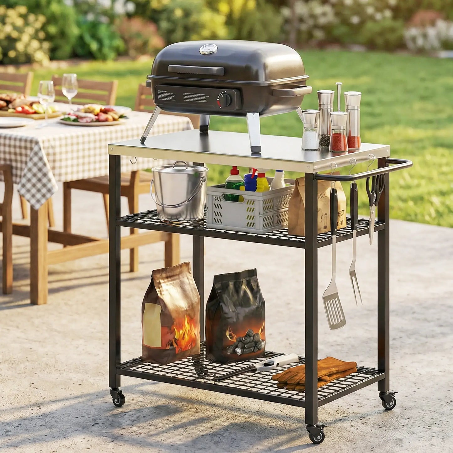 Outdoor Grill Cart With Stainless Steel Top, Two-Shelf Pizza Oven Stand, Black Outdoor Grill Carts at Gallery Canada