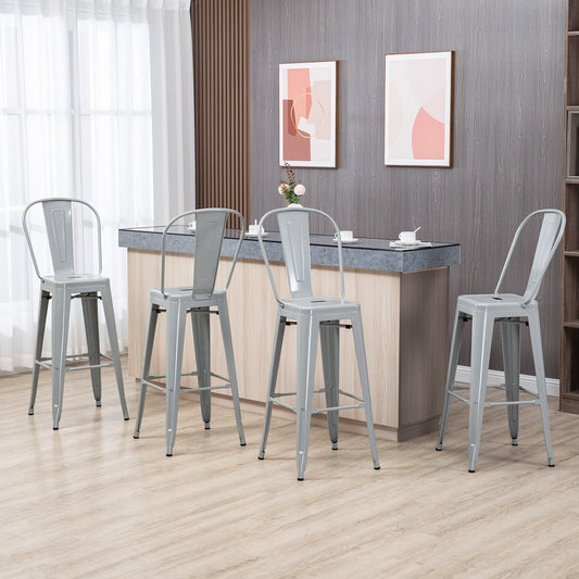 Set of 4 Bar Stools Kitchen Industrial Breakfast Bistro Cafe Metal Frame Silver Grey - Gallery Canada