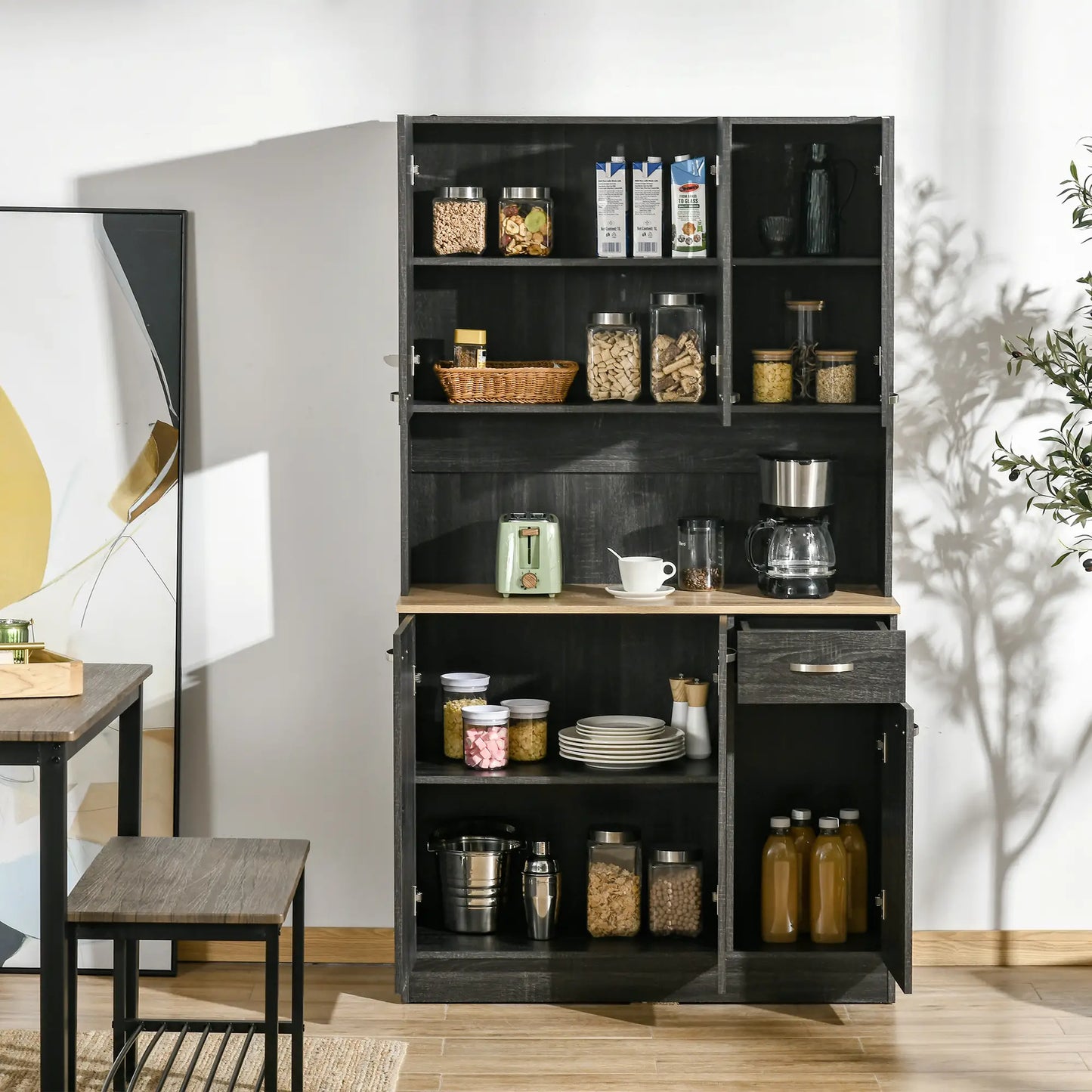 71" Kitchen Buffet with Hutch, Freestanding Cabinet, Black Kitchen Pantry Cabinets at Gallery Canada