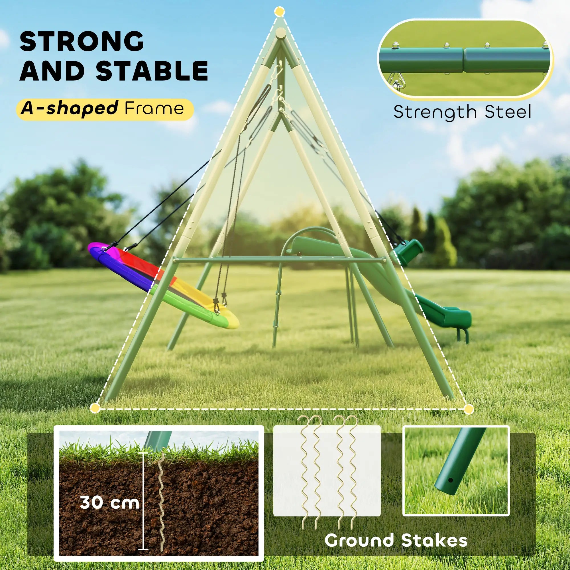 Metal Swing Set With Slide, Saucer Swing Seat, Dark Green Gym Sets & Swings at Gallery Canada