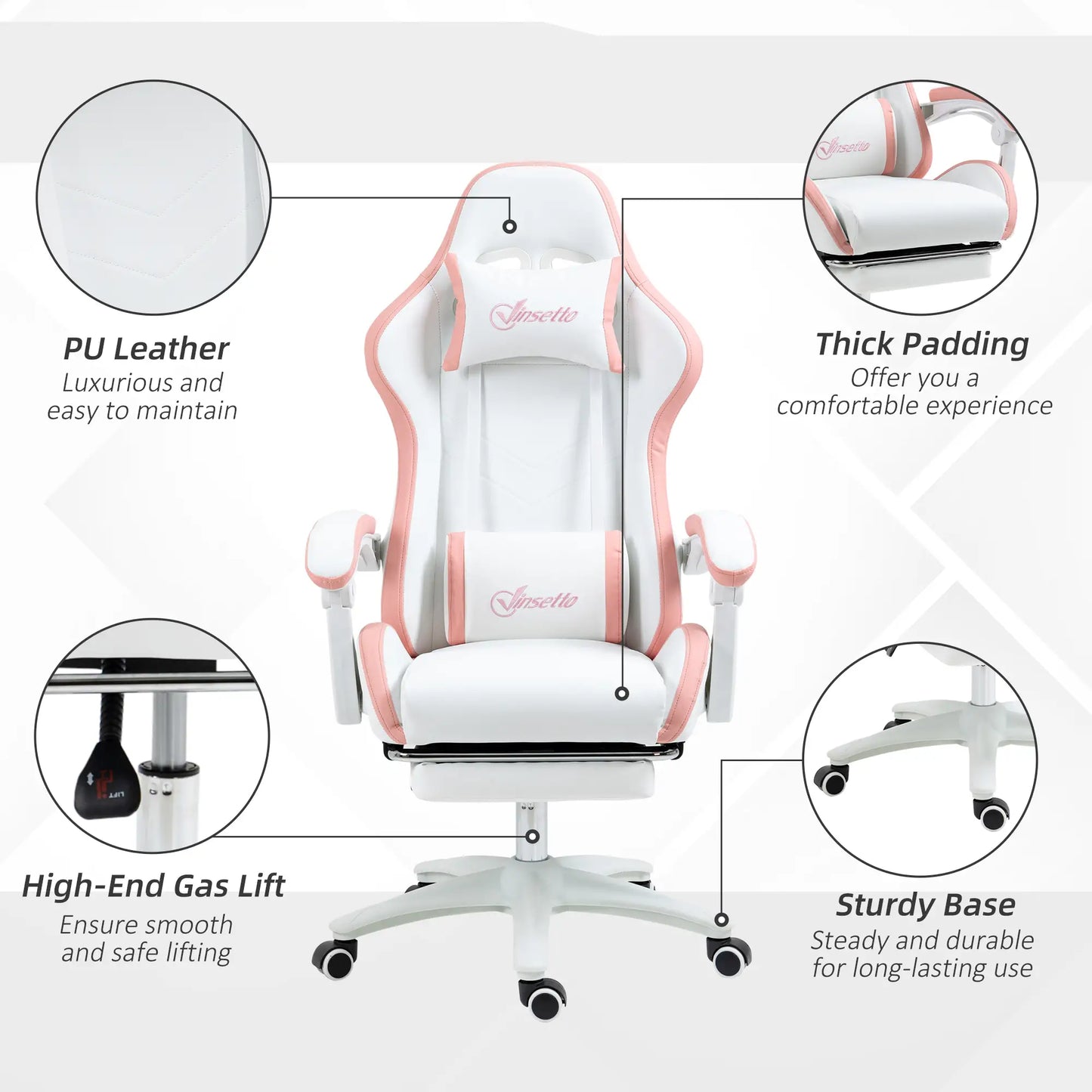 Computer Gaming Chair, PU Leather, 135° Reclining Back, White Video Game Chairs at Gallery Canada